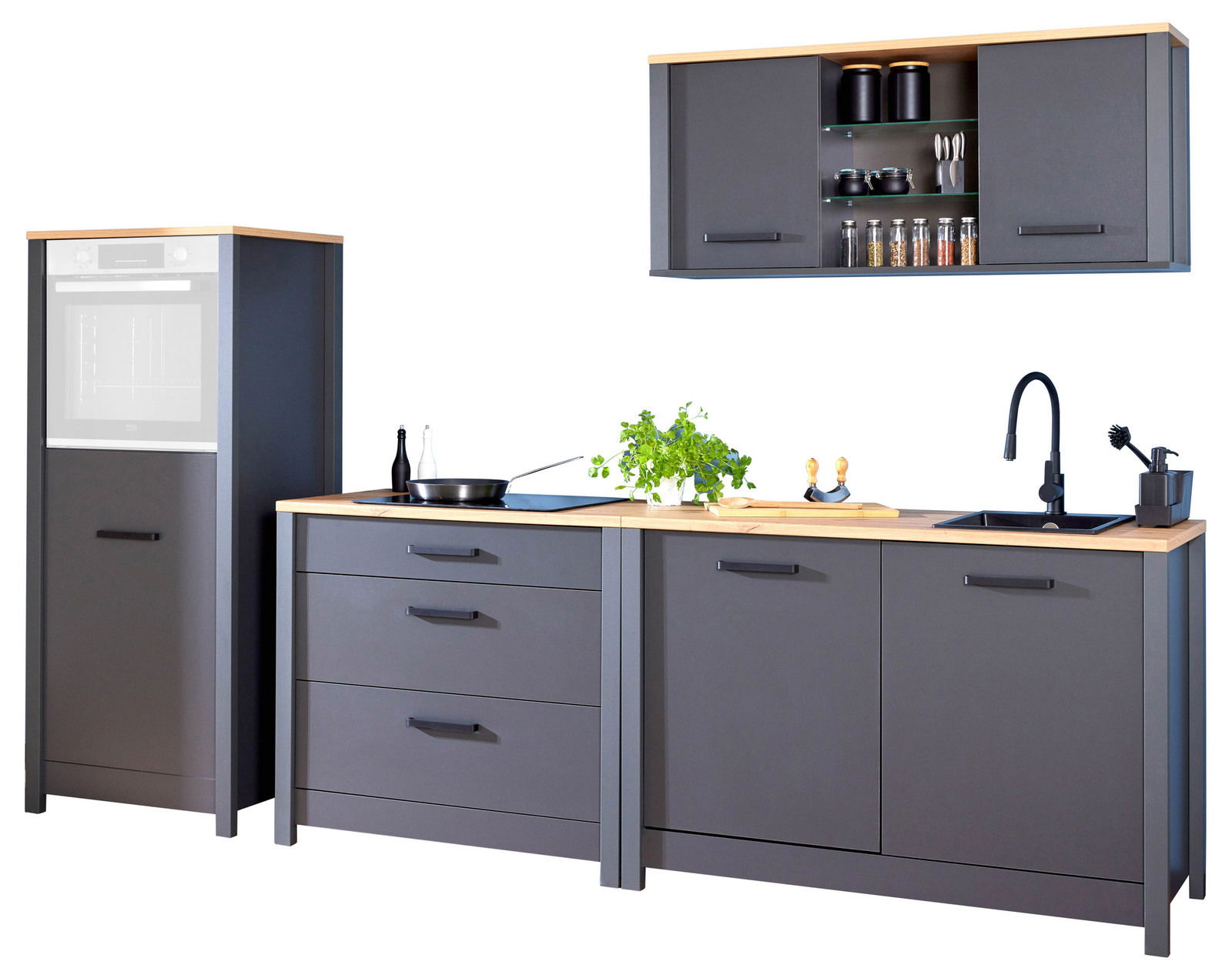 Landscape Modul-Küchenblock SORBA Modul-Küchenblock in moderner, dunkler Optik mit Holzarbeitsplatte, bestehend aus einem Hochschrank, Unterschränken mit Schubladen und einem Hängeschrank. Perspektive: Frontalansicht.