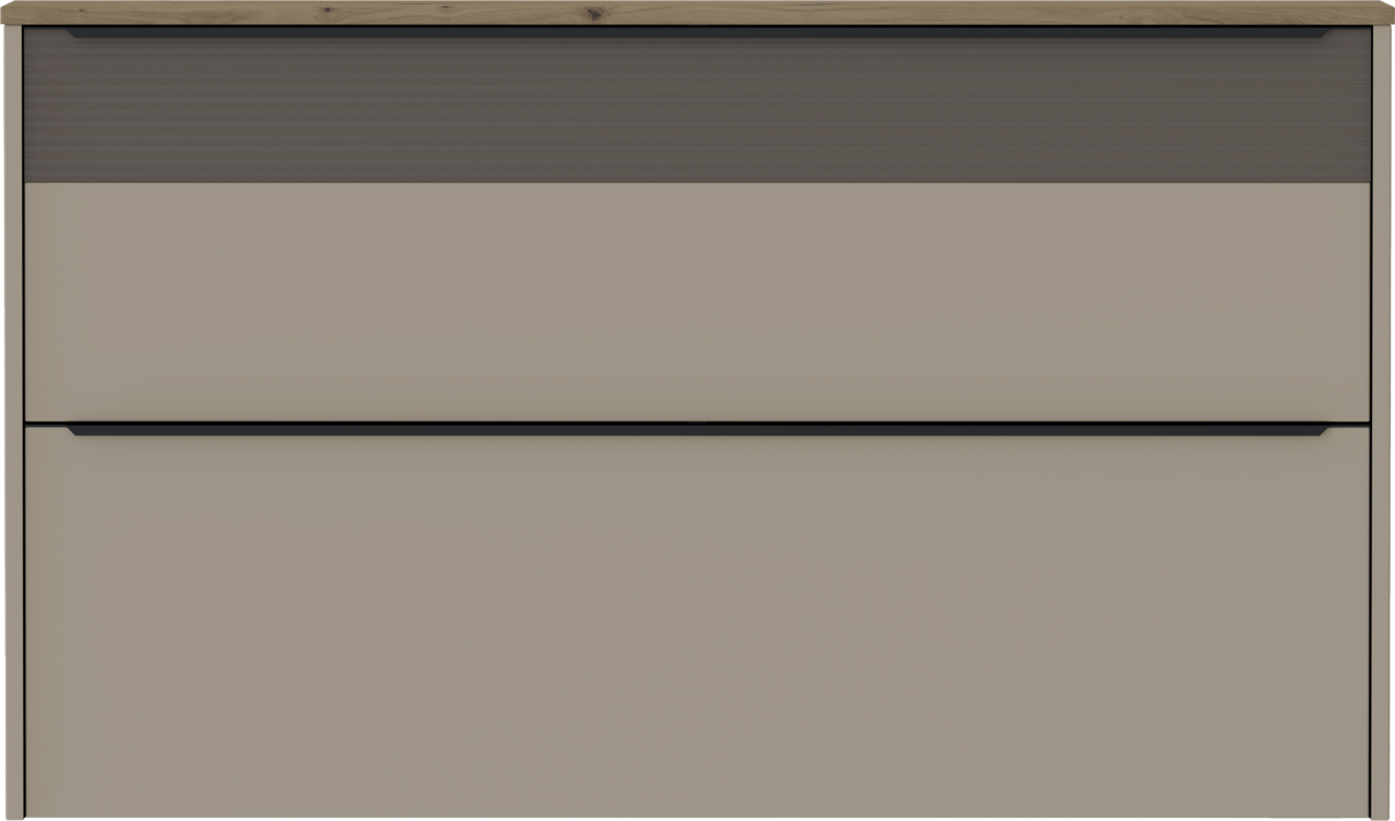 Frontansicht eines modernen Hängeschuhschranks mit zwei Schubladen in neutralen Farben und einer Holzoberfläche.