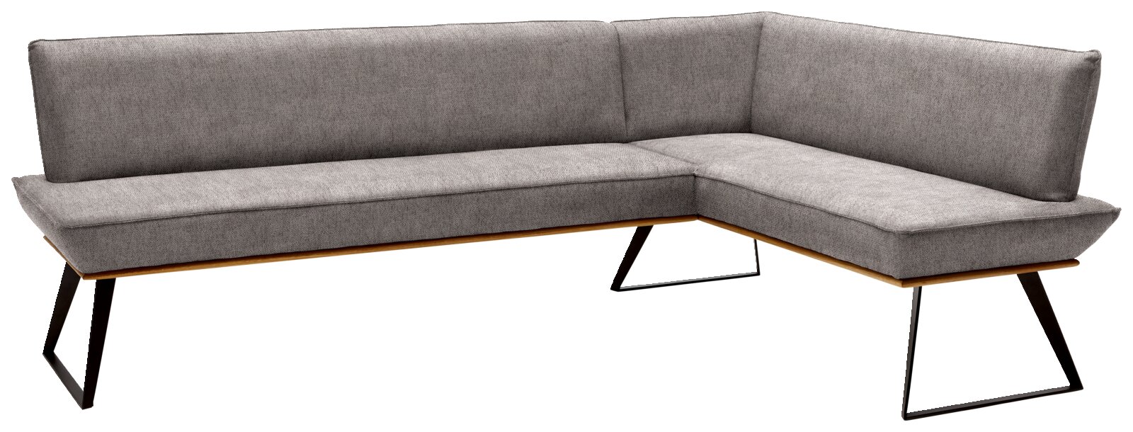 Grijze hoekbank met een modern ontwerp, metalen poten en een L-vorm, gezien vanaf de linkervoorzijde.