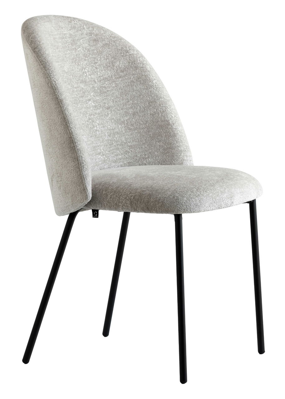 Moderner Stuhl mit grauem Stoffbezug und schwarzen Metallbeinen, seitliche Perspektive