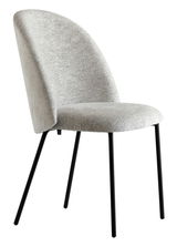 Moderner Stuhl mit grauem Stoffbezug und schwarzen Metallbeinen, seitliche Perspektive