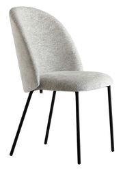 Moderner Stuhl mit grauem Stoffbezug und schwarzen Metallbeinen, seitliche Perspektive