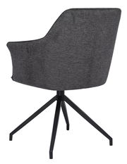 Rückansicht eines grauen Armlehnstuhls mit schwarzem Metallgestell und vier Beinen.