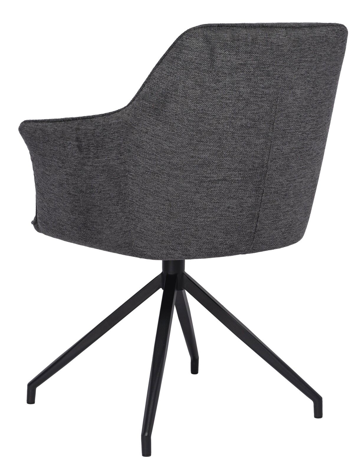 Rückansicht eines grauen Armlehnstuhls mit schwarzem Metallgestell und vier Beinen.
