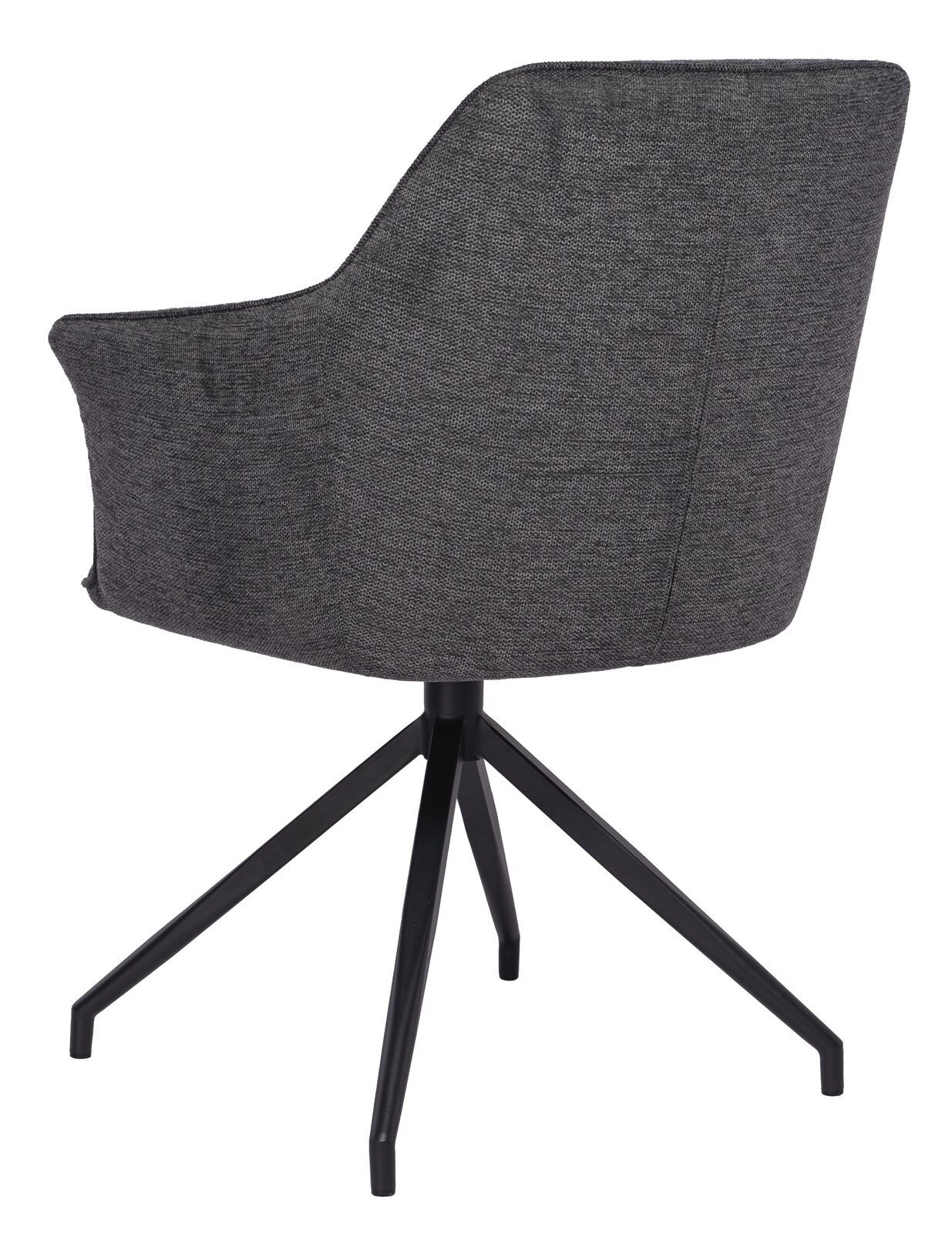 Rückansicht eines grauen Armlehnstuhls mit schwarzem Metallgestell und vier Beinen.