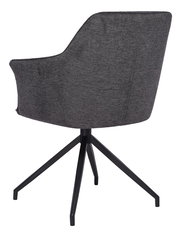 Rückansicht eines grauen Armlehnstuhls mit schwarzem Metallgestell und vier Beinen.