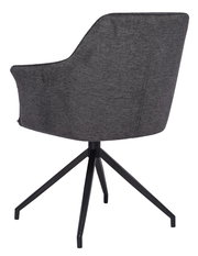 Rückansicht eines grauen Armlehnstuhls mit schwarzem Metallgestell und vier Beinen.