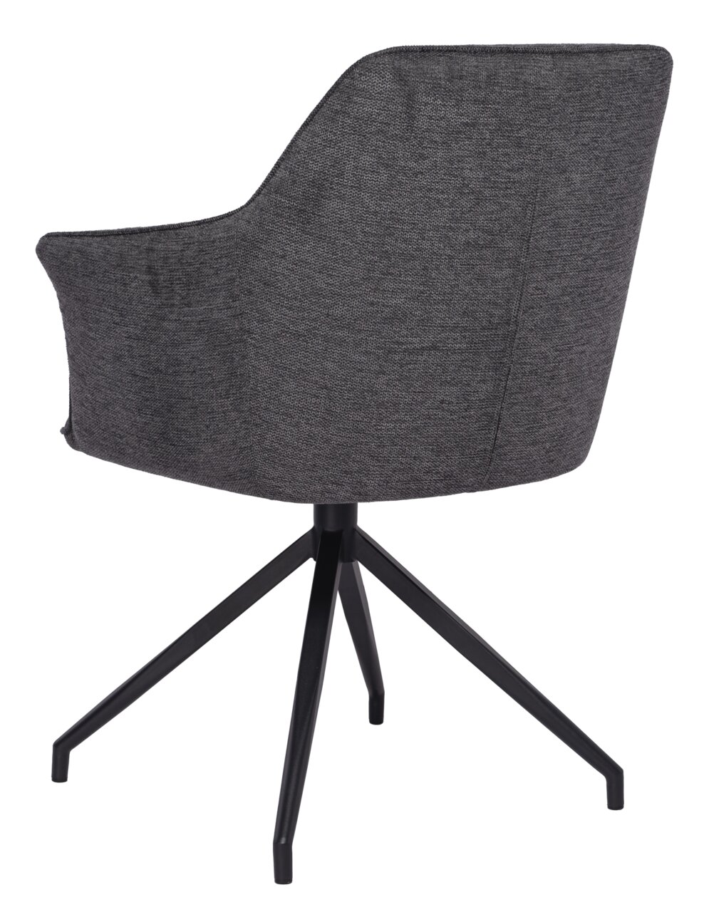 Achterkant van een grijze fauteuil met een zwart metalen frame en vier poten.