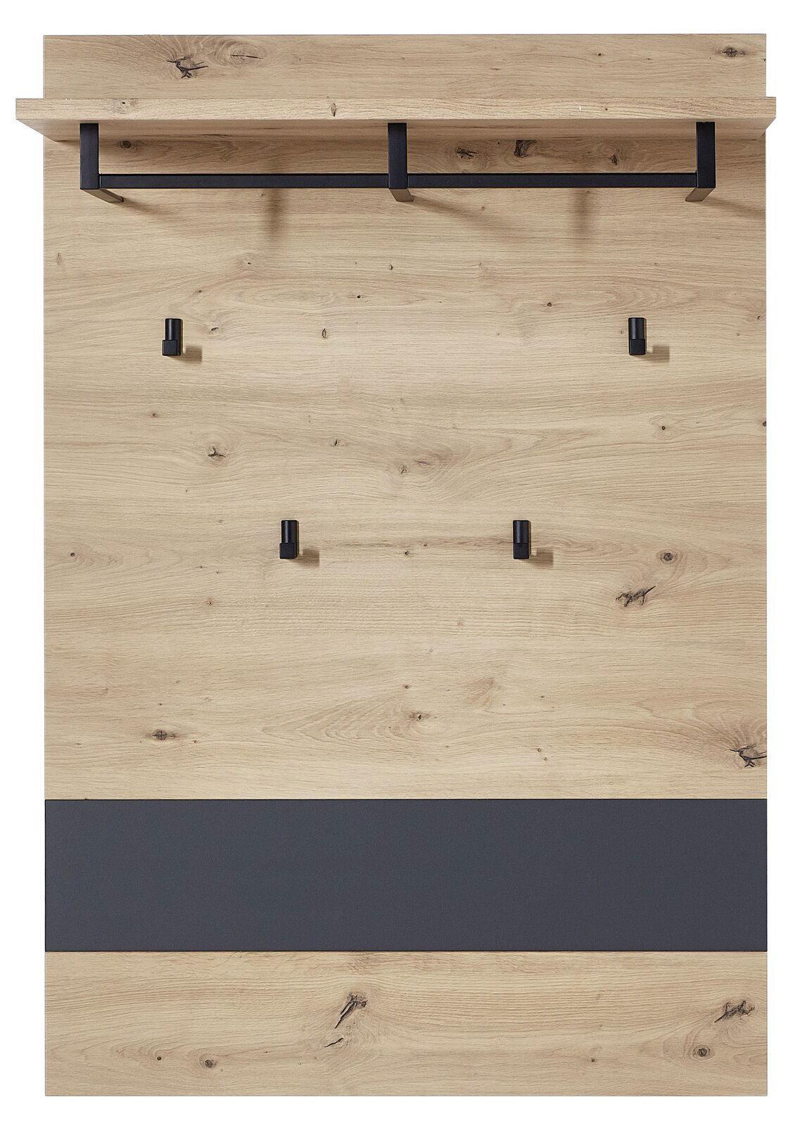 Garderoben-Set aus Holz mit schwarzem Haken und Ablage, Frontalansicht