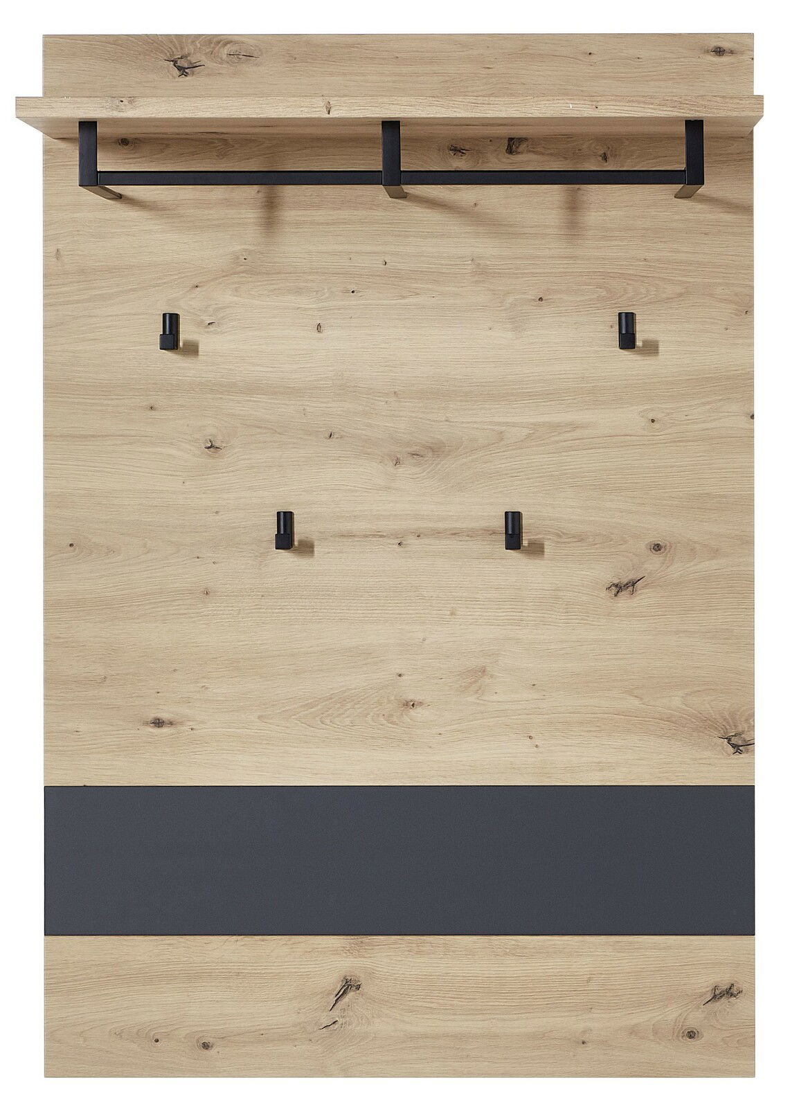 Garderoben-Set aus Holz mit schwarzem Haken und Ablage, Frontalansicht