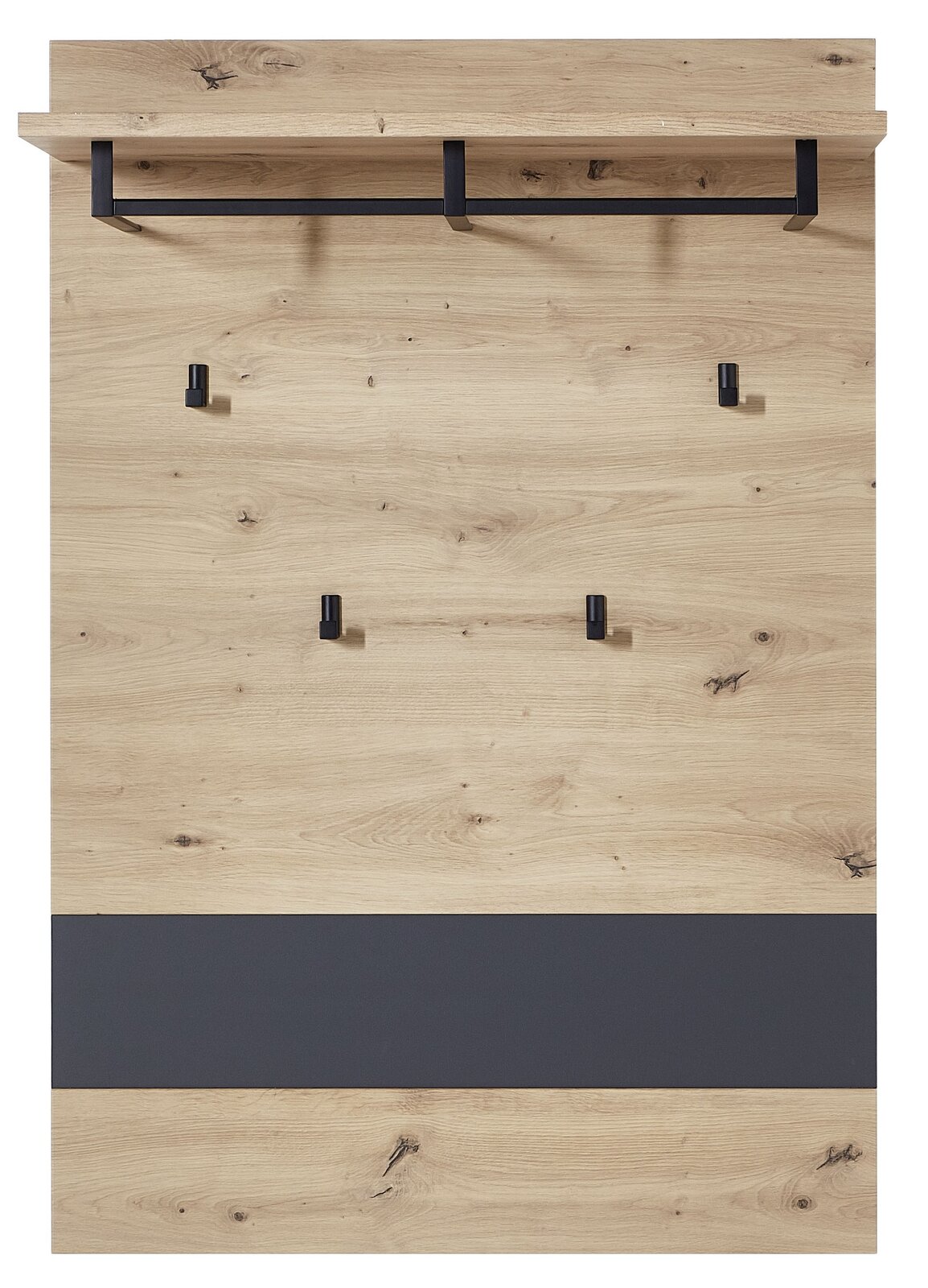 Garderoben-Set aus Holz mit schwarzem Haken und Ablage, Frontalansicht