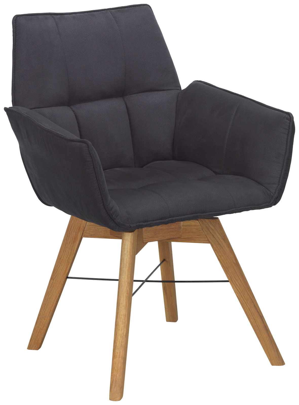 Moderner Armlehnenstuhl mit schwarzem Polster und Holzbeinen, seitliche Perspektive