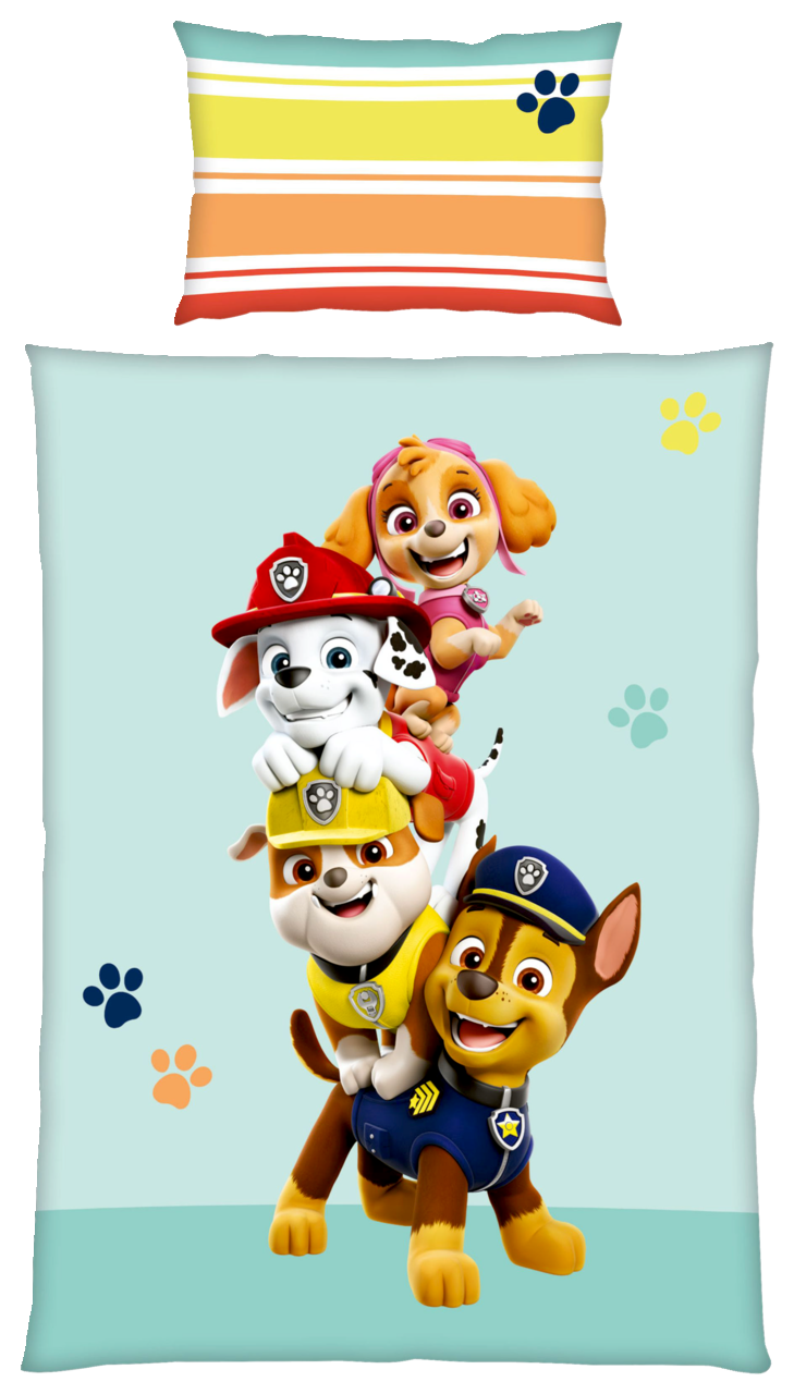 Renforcé-Bettwäsche mit fröhlichen Cartoon-Hunden in Stapelpose, bunte Pfotenabdrücke und Streifenmuster auf dem Kissen, Vorderansicht