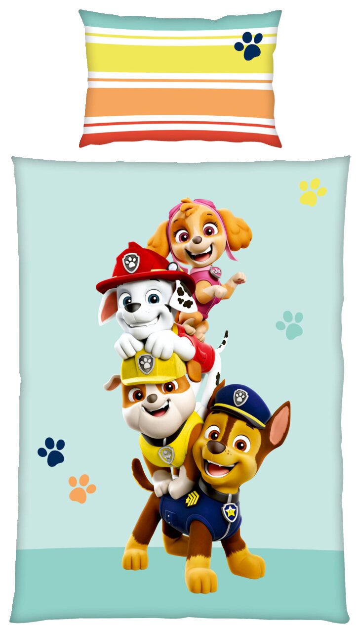 Renforcé-Bettwäsche mit fröhlichen Cartoon-Hunden in Stapelpose, bunte Pfotenabdrücke und Streifenmuster auf dem Kissen, Vorderansicht