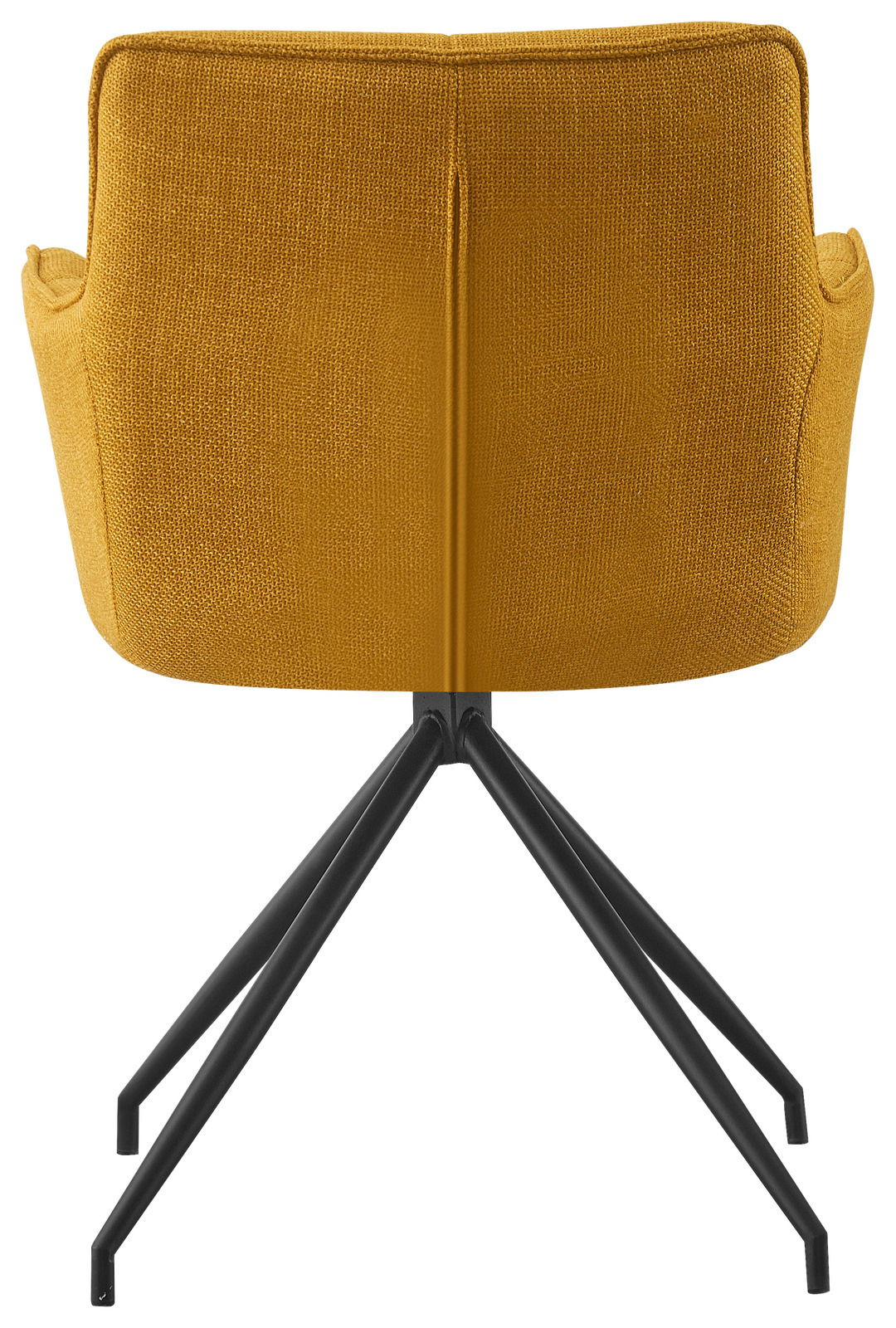 Rückansicht eines gelben Armlehnstuhls mit schwarzem Metallgestell