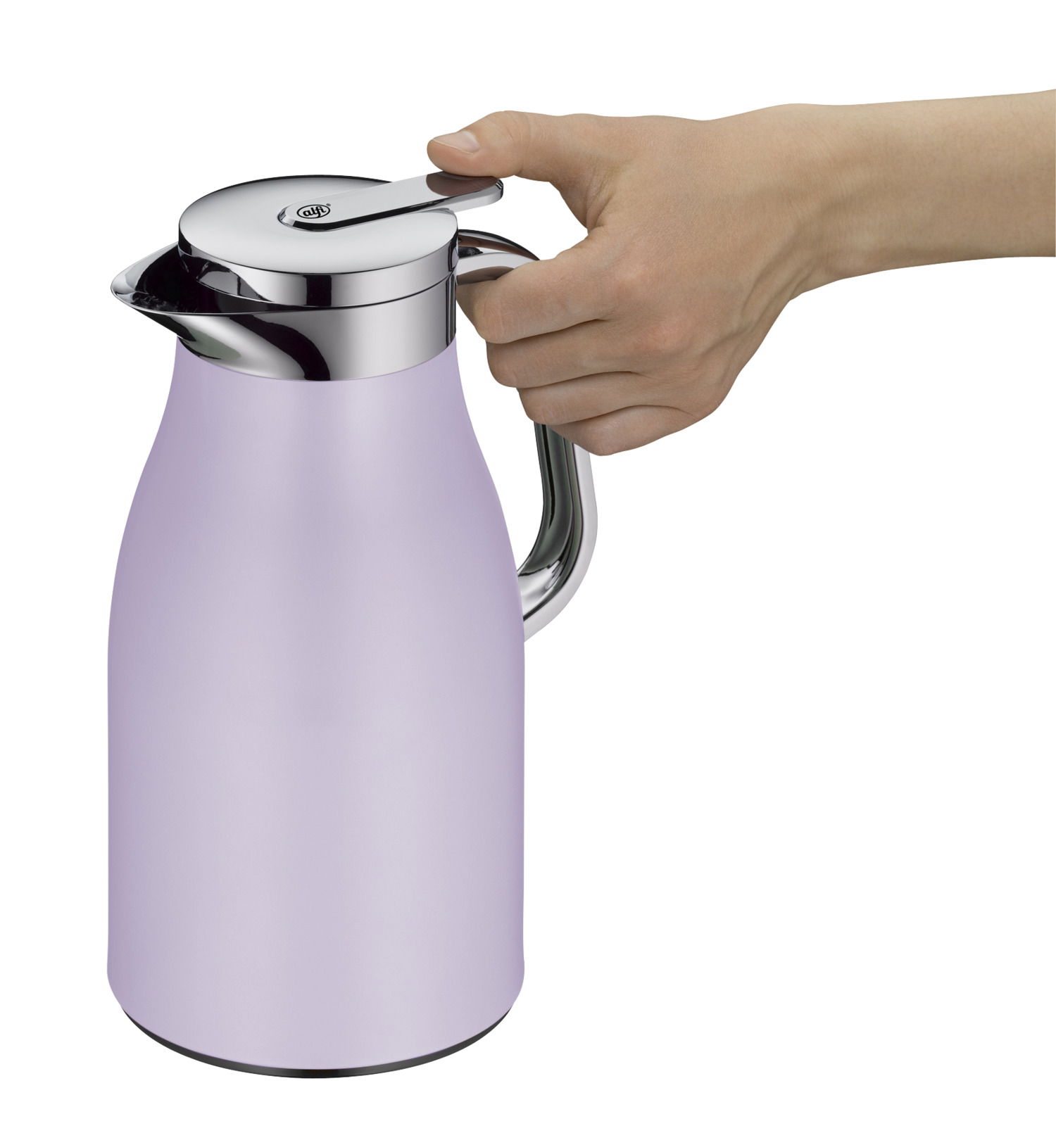 Lila Isolierkanne Skyline mit verchromtem Deckel und Griff, seitliche Ansicht, Hand drückt auf den Deckel.