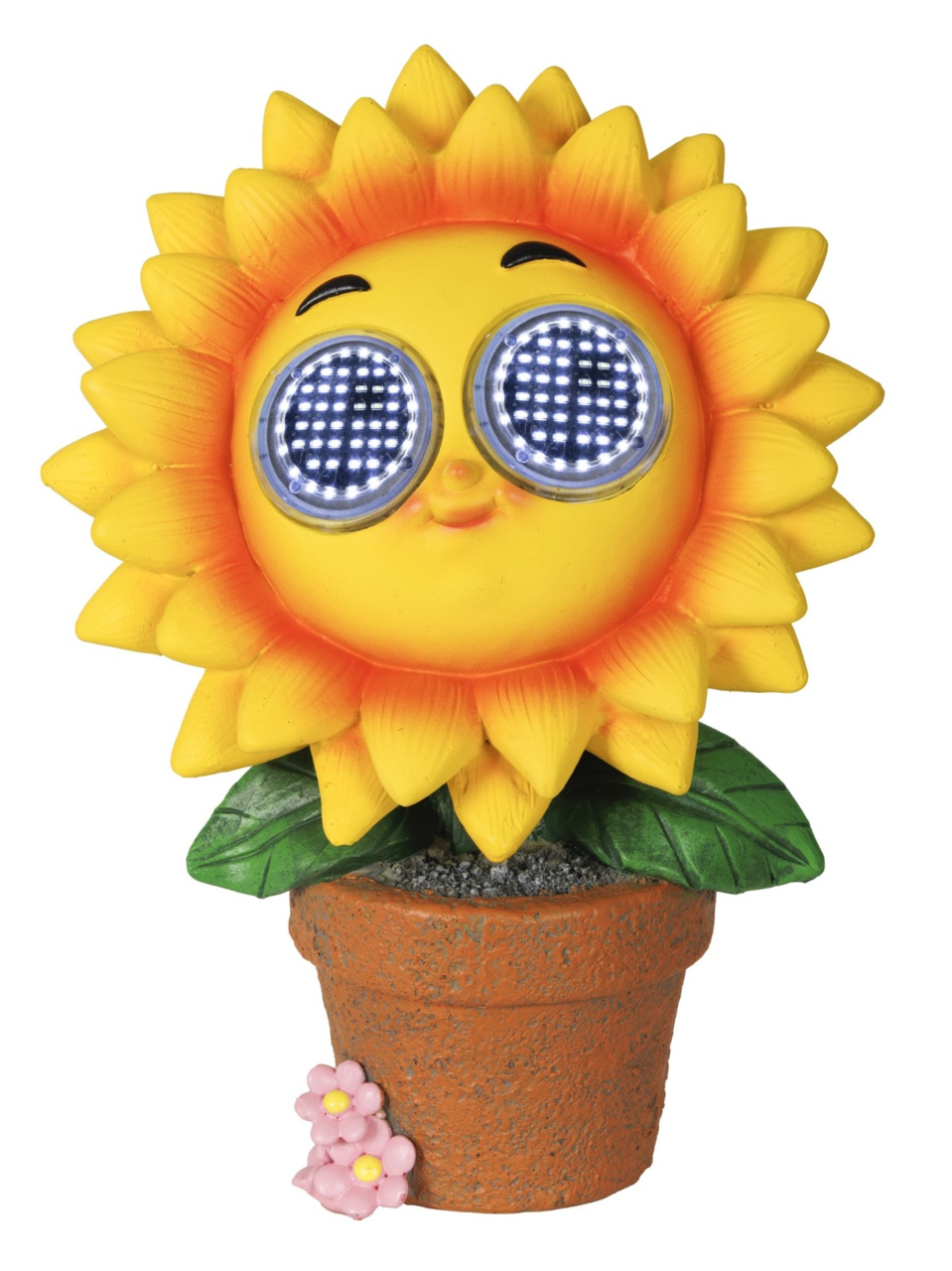 Frontalansicht einer Solarfigur in Form einer fröhlichen Sonnenblume mit leuchtenden Augen, die in einem Blumentopf steht.