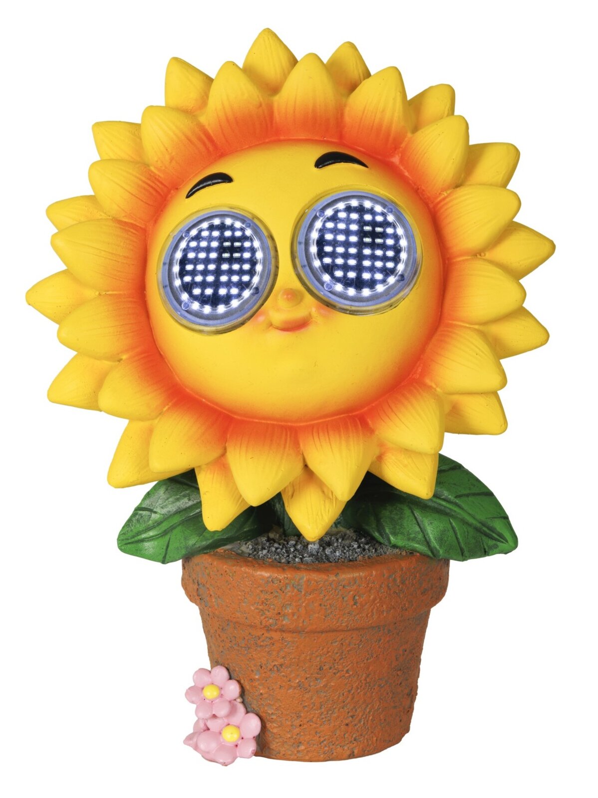 Vooraanzicht van een zonnebeeldje in de vorm van een vrolijke zonnebloem met stralende ogen, dat in een bloempot staat.