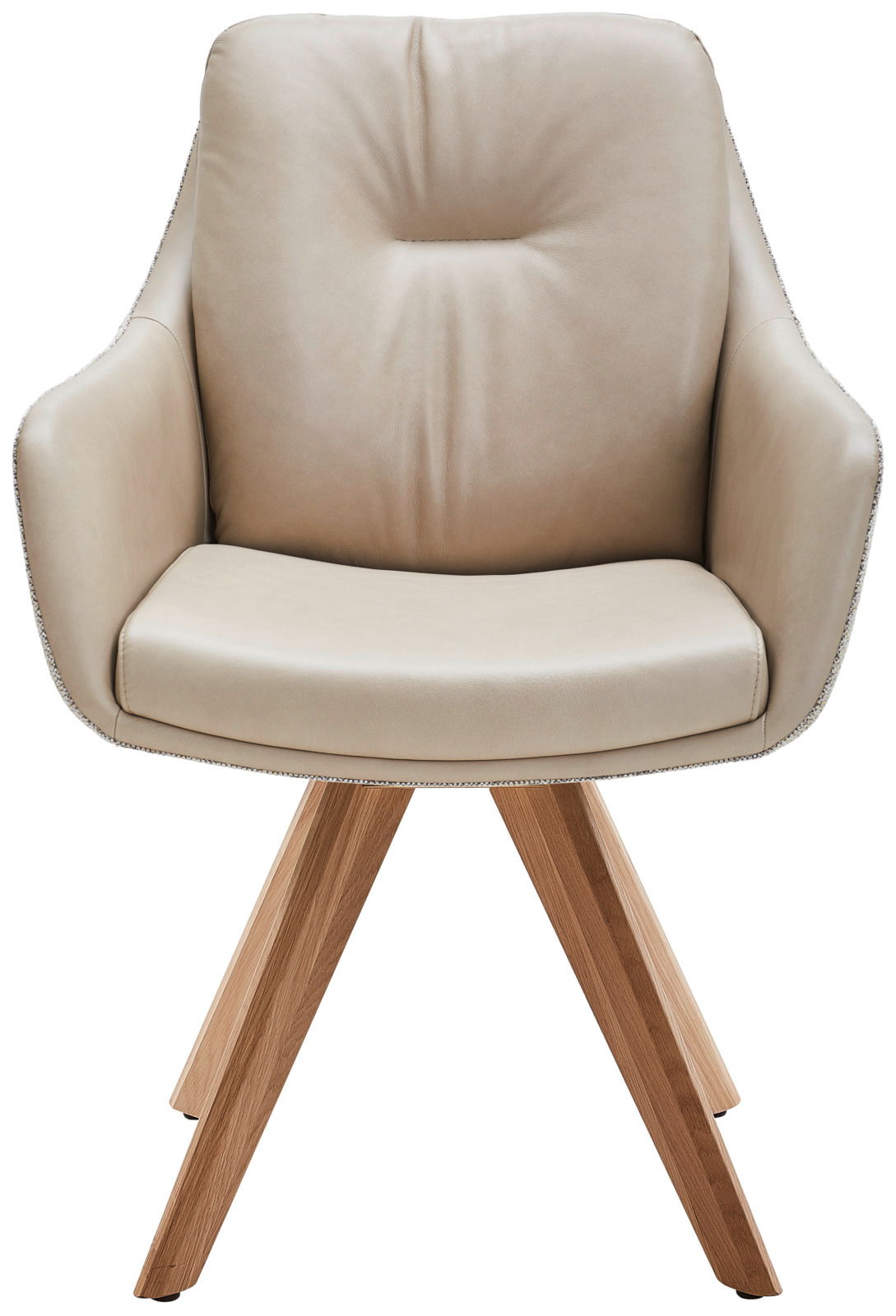 Beiger Armlehnstuhl mit gepolsterter Sitzfläche und Rückenlehne, auf Holzbeinen, Frontalansicht