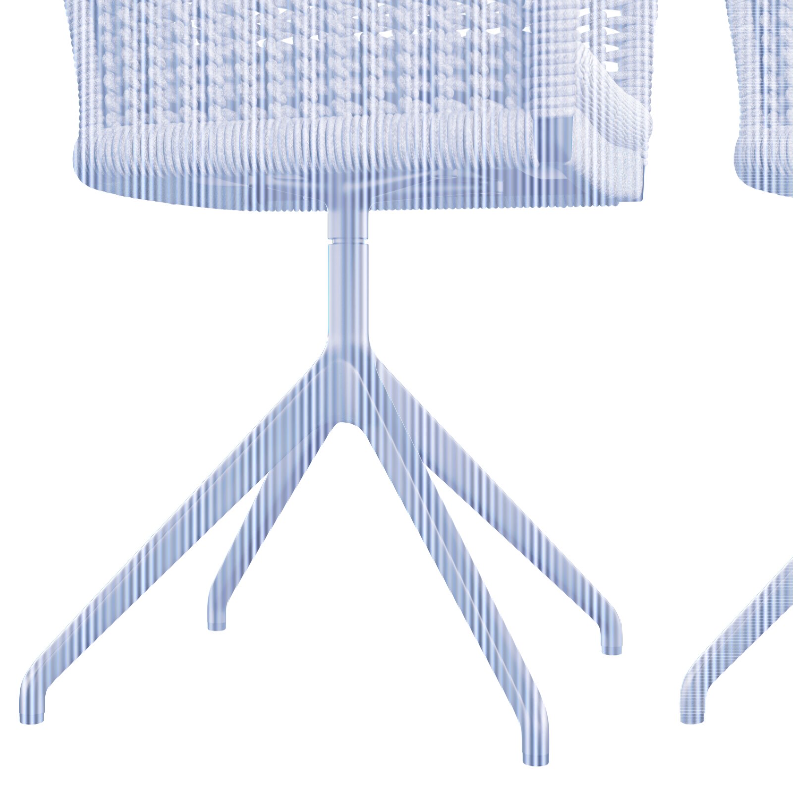 Rückansicht eines Armlehnstuhls mit geflochtenem Sitz und modernem Metallgestell