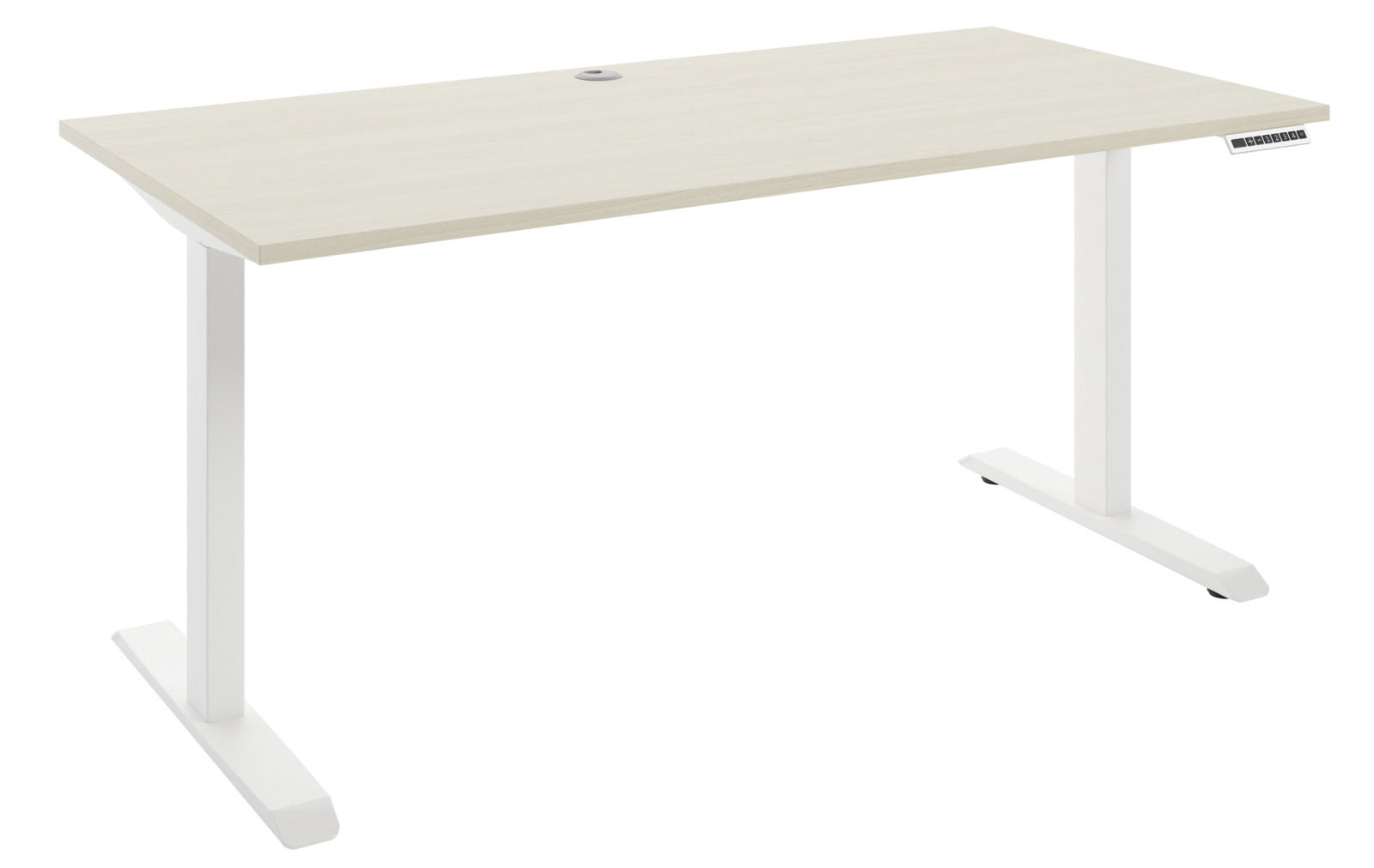 Moderner E-Schreibtisch 160 mit weißem Gestell und heller Holzplatte, seitliche Perspektive