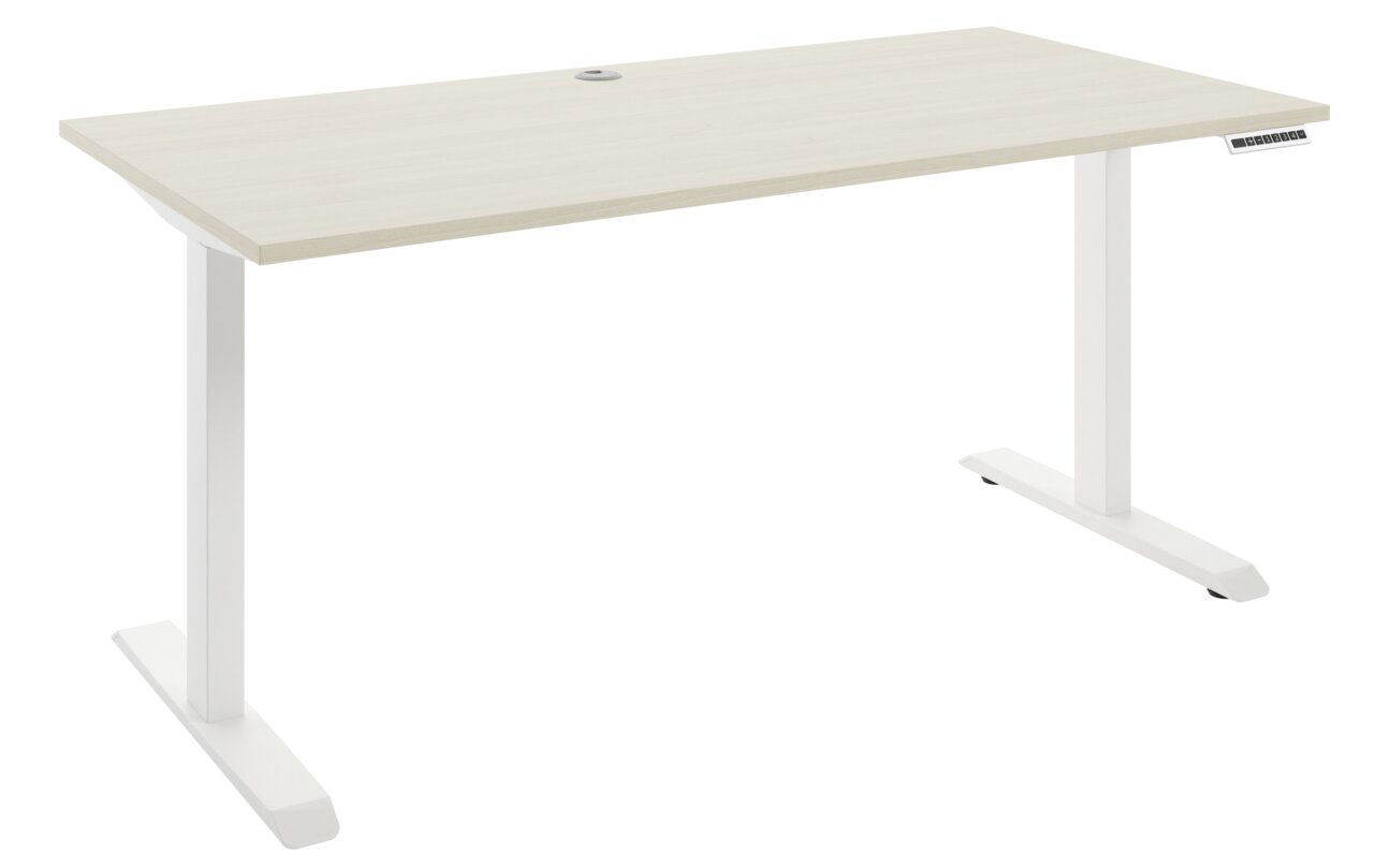 Moderner E-Schreibtisch 160 mit weißem Gestell und heller Holzplatte, seitliche Perspektive