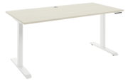 Moderner E-Schreibtisch 160 mit weißem Gestell und heller Holzplatte, seitliche Perspektive