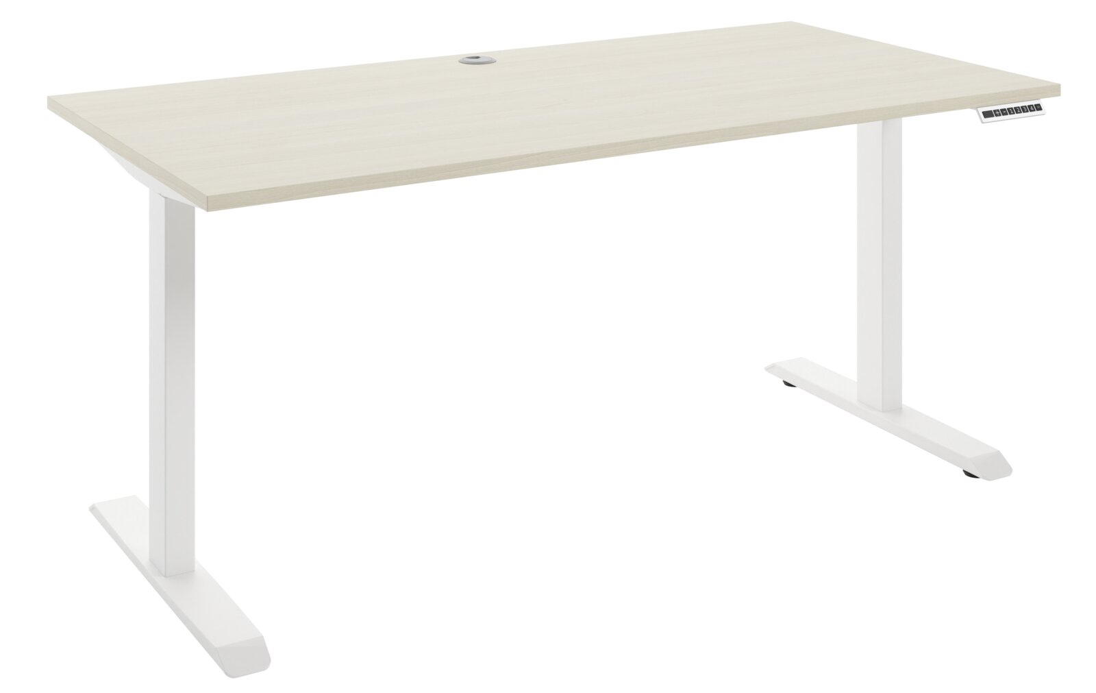 Moderner E-Schreibtisch 160 mit weißem Gestell und heller Holzplatte, seitliche Perspektive