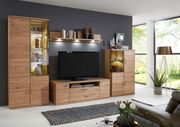 Moderne Wandkombination aus Holz mit Vitrinen und TV-Schrank, seitliche Perspektive