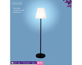 LED Bodenlampe mit weißem Lampenschirm und schwarzem Ständer, frontal abgebildet vor blauem Hintergrund.