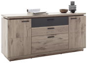 Modernes Sideboard aus Holz mit zwei Türen und drei Schubladen, dekoriert mit Büchern und Vasen, Frontalansicht.