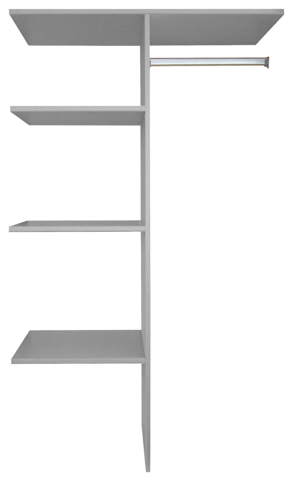 Regalsystem mit drei Ablageflächen und einer Kleiderstange, seitliche Perspektive