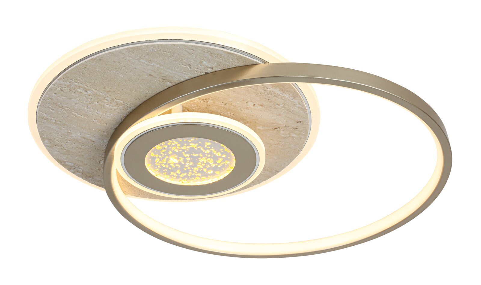 Moderne LED-Deckenleuchte mit zwei überlappenden Leuchtringen und rundem Baldachin in Steinoptik, warmweiß leuchtend, in schräger Ansicht von unten (Untersicht) freigestellt auf weißem Hintergrund