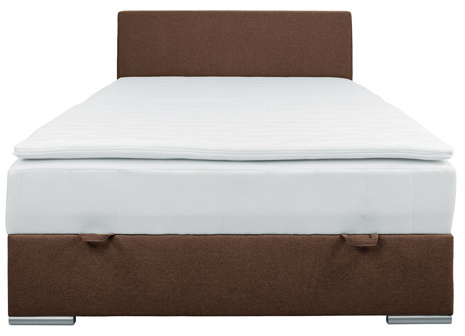 Boxbett 140 in Frontalansicht mit braunem Kopfteil und weißer Matratze
