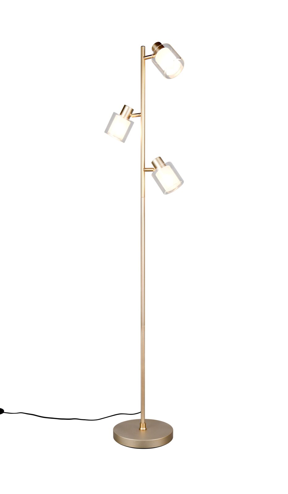 Reality Leuchten Stehleuchte NERALO Moderne Stehlampe aus messingfarbenem Metall mit rundem Standfuß und drei verstellbaren, zylindrischen Glasschirmen, eingeschaltet, Kabel sichtbar; Frontalansicht auf weißem Hintergrund.