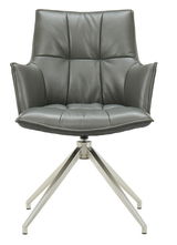 Moderner Sessel mit grauem Lederbezug und Metallgestell, Frontalansicht