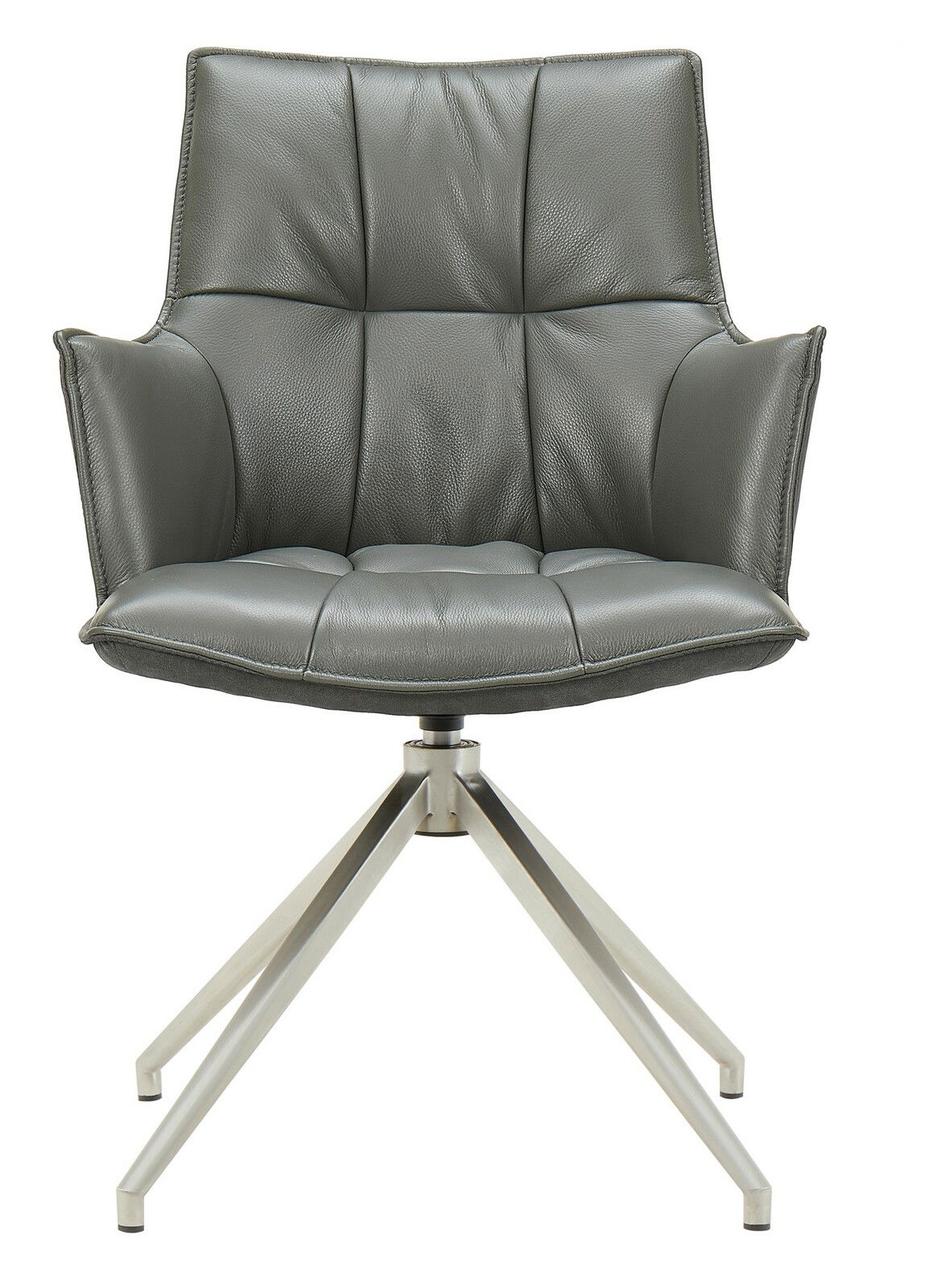 Moderner Sessel mit grauem Lederbezug und Metallgestell, Frontalansicht