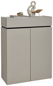 Moderner Schuhschrank in minimalistischem Design mit zwei Türen, dekoriert mit Skulptur und Büchern, Frontalansicht.