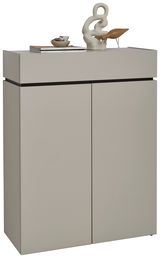 Moderner Schuhschrank in minimalistischem Design mit zwei Türen, dekoriert mit Skulptur und Büchern, Frontalansicht.
