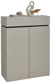 Moderner Schuhschrank in minimalistischem Design mit zwei Türen, dekoriert mit Skulptur und Büchern, Frontalansicht.
