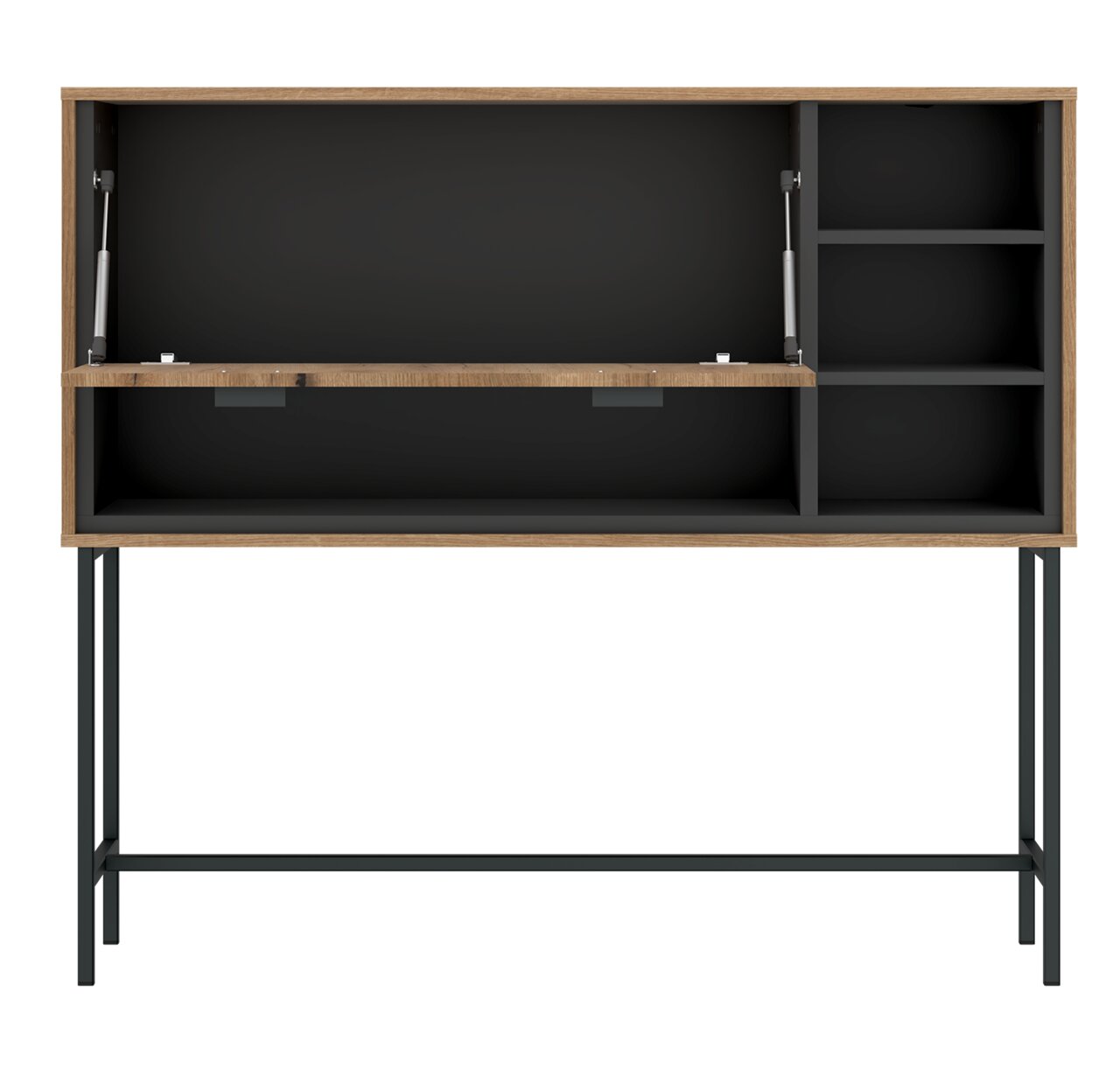 Moderner Barschrank aus Holz mit schwarzem Innenraum und Metallgestell, frontale Ansicht