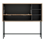 Moderner Barschrank aus Holz mit schwarzem Innenraum und Metallgestell, frontale Ansicht