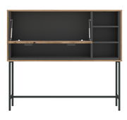 Moderner Barschrank aus Holz mit schwarzem Innenraum und Metallgestell, frontale Ansicht