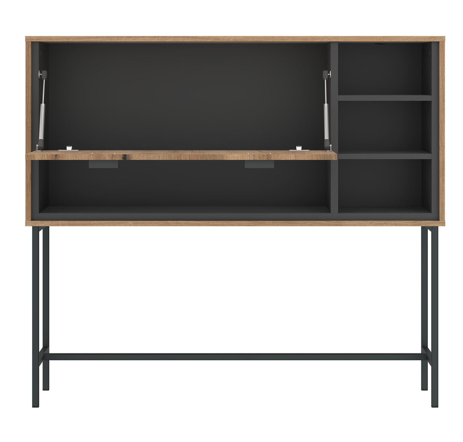 Moderner Barschrank aus Holz mit schwarzem Innenraum und Metallgestell, frontale Ansicht