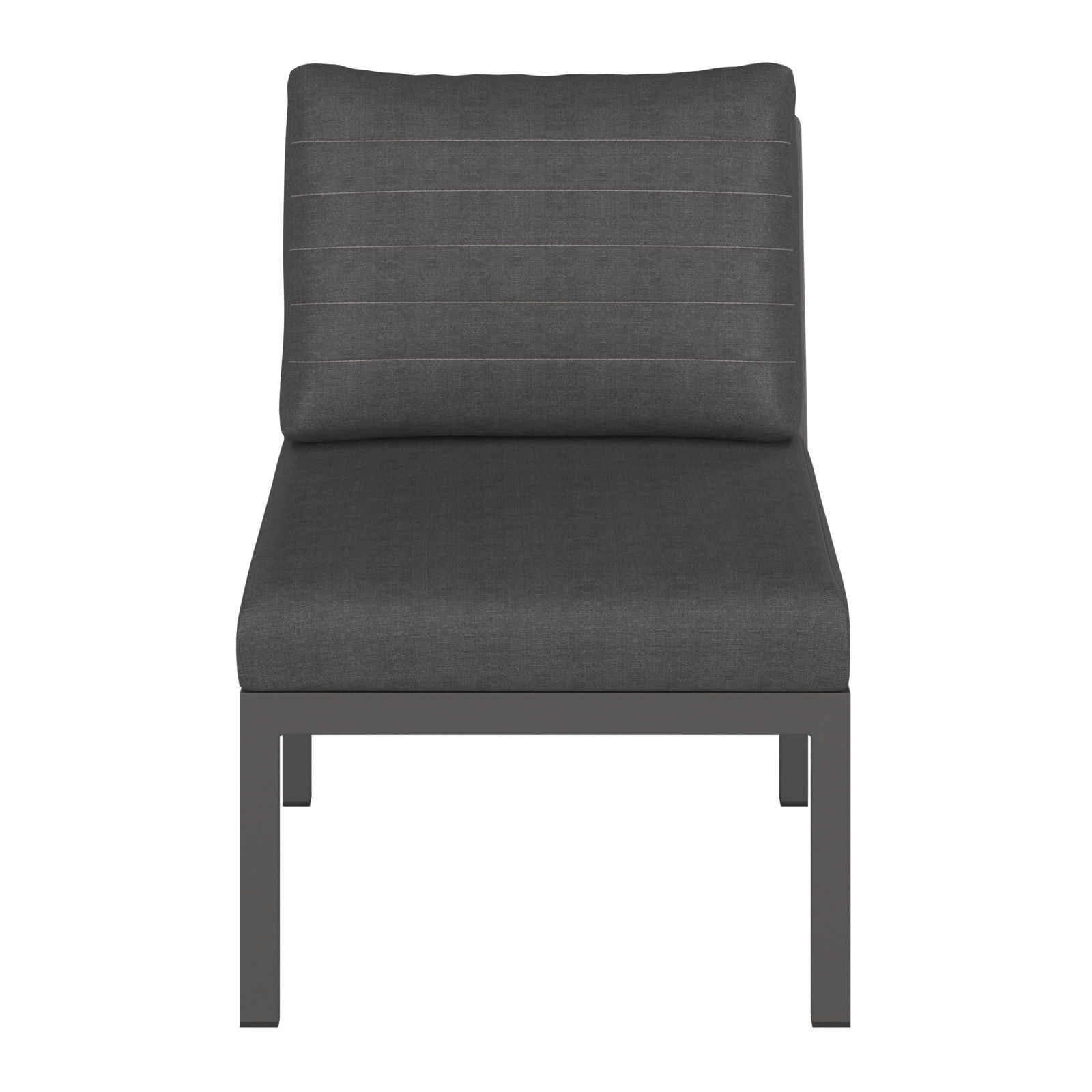 Frontale Ansicht eines modernen Loungemittelteils mit grauem Polster und Metallrahmen.