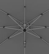 Ansicht von unten auf die Struktur eines grauen Pendelschirms mit Metallstreben.