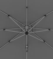 Ansicht von unten auf die Struktur eines grauen Pendelschirms mit Metallstreben.