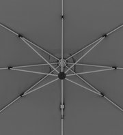 Ansicht von unten auf die Struktur eines grauen Pendelschirms mit Metallstreben.