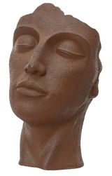 Blumentopf in Form eines stilisierten Kopfes aus braunem Material, seitliche Perspektive