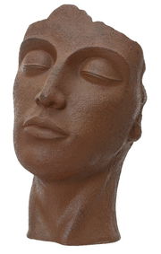 Blumentopf in Form eines stilisierten Kopfes aus braunem Material, seitliche Perspektive